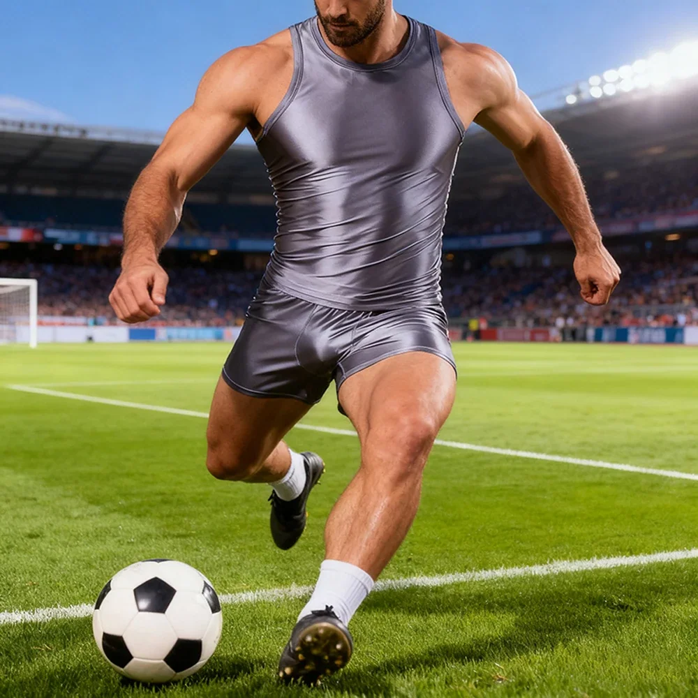 Men Silky Glossy Shiny Tracksuits Casual Sports Running Thin Smooth Activewear Sets Breathable Quick-drying Tank Top Shorts Sets
