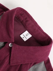 Men's Wine Red & Gray Color Block Corduroy Shirt Casual Set 2 Piece Lapel Collar Short Sleeve & Drawstring Shorts Outfit