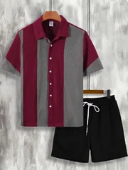 Men's Wine Red & Gray Color Block Corduroy Shirt Casual Set 2 Piece Lapel Collar Short Sleeve & Drawstring Shorts Outfit