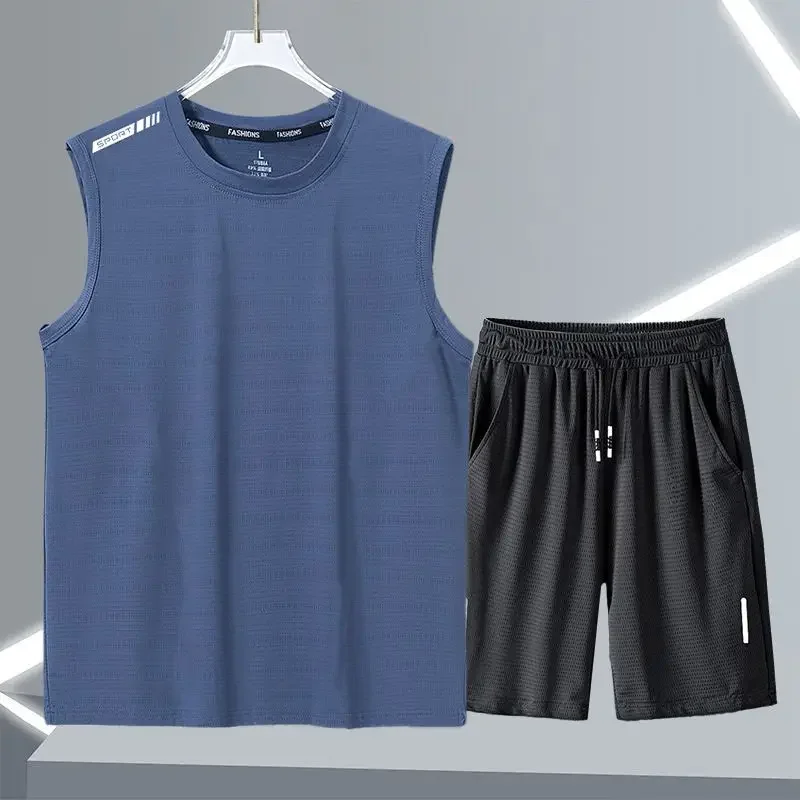 ​Men's 2 Piece Workout Outfit Ice Silk Feel Sleeveless Tee 5 Inch Shorts Moisture Wicking Gym Casual Combo​