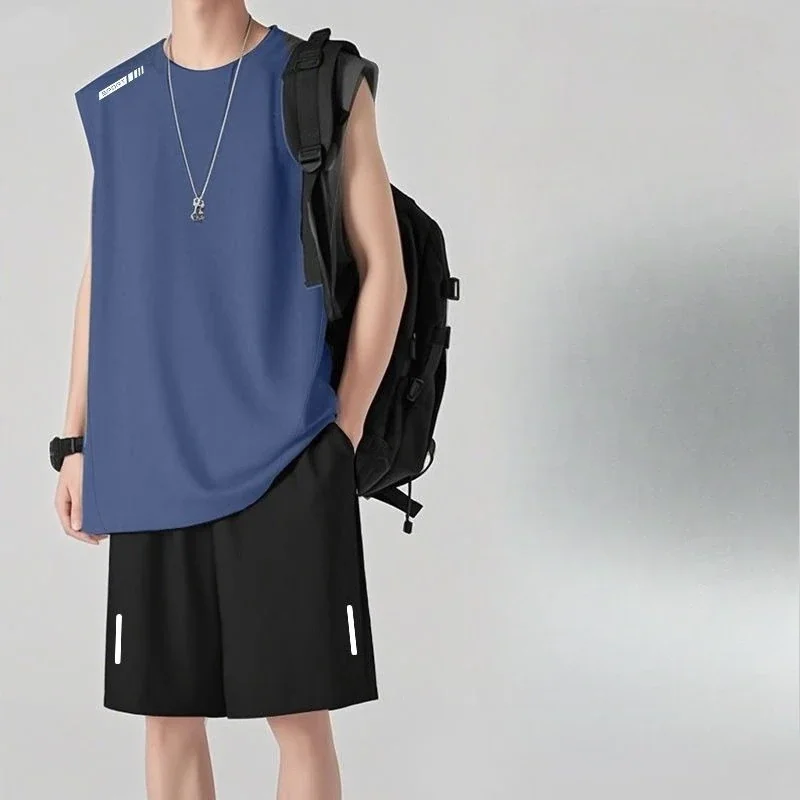 ​Men's 2 Piece Workout Outfit Ice Silk Feel Sleeveless Tee 5 Inch Shorts Moisture Wicking Gym Casual Combo​