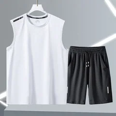 ​Men's 2 Piece Workout Outfit Ice Silk Feel Sleeveless Tee 5 Inch Shorts Moisture Wicking Gym Casual Combo​