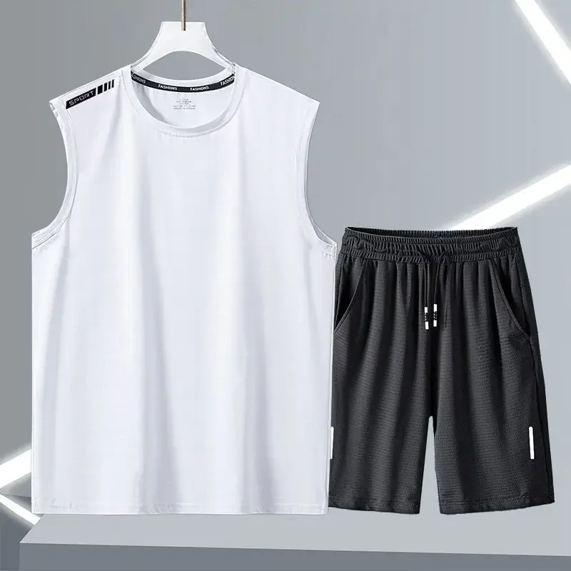 ​Men's 2 Piece Workout Outfit Ice Silk Feel Sleeveless Tee 5 Inch Shorts Moisture Wicking Gym Casual Combo​