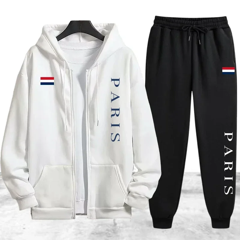 Paris Printing Men's Tracksuit Casual Zip Hooded Sweatshirts Coat Daily Sports Jogging Clothing Autumn Winter Single Tops Pants