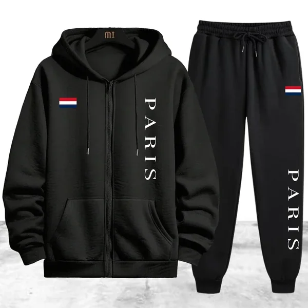 Paris Printing Men's Tracksuit Casual Zip Hooded Sweatshirts Coat Daily Sports Jogging Clothing Autumn Winter Single Tops Pants
