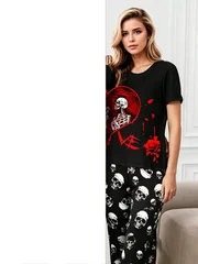 Red Heart Couple Skull Rose Full 3D Printed Pajama Set for Women and Men, T-shirt, Pants, Loose Home Couple Halloween Dress