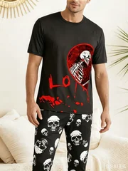 Red Heart Couple Skull Rose Full 3D Printed Pajama Set for Women and Men, T-shirt, Pants, Loose Home Couple Halloween Dress