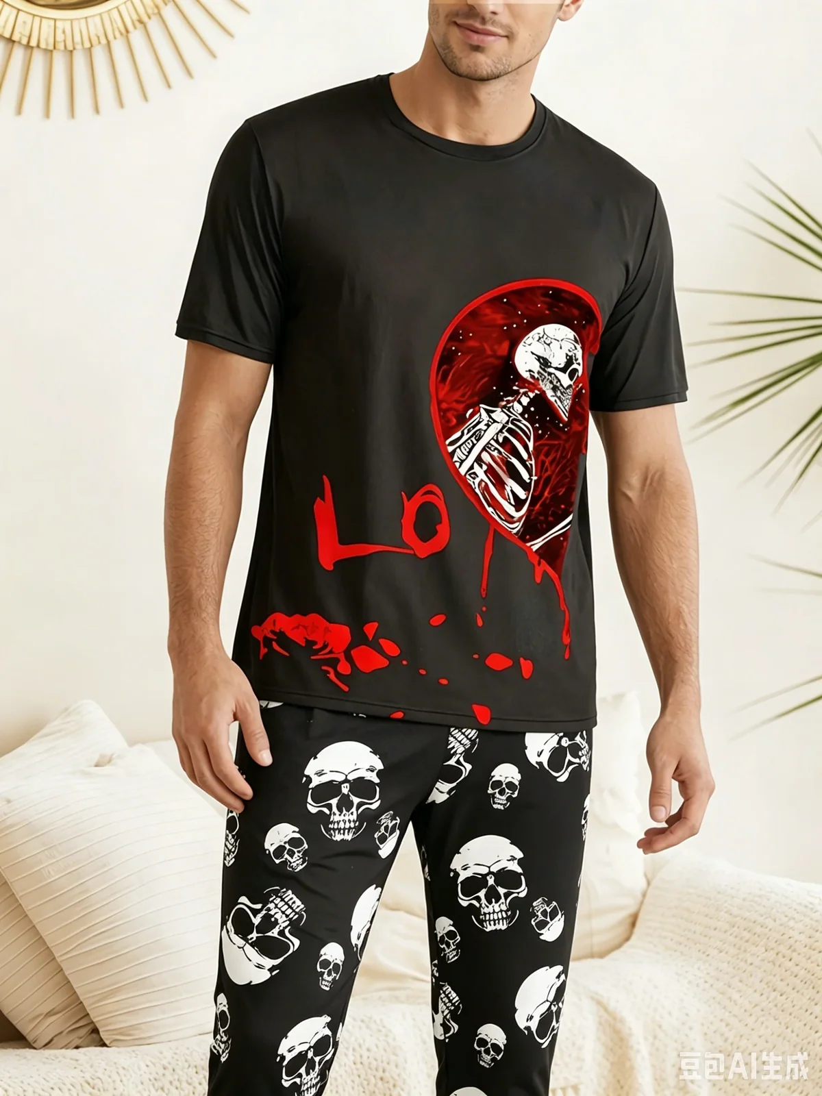 Red Heart Couple Skull Rose Full 3D Printed Pajama Set for Women and Men, T-shirt, Pants, Loose Home Couple Halloween Dress