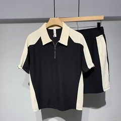 2026 Summer New Men Color Block POLO Two Piece Set, Loose Thin Outdoor Sports Casual Shorts Tracksuit