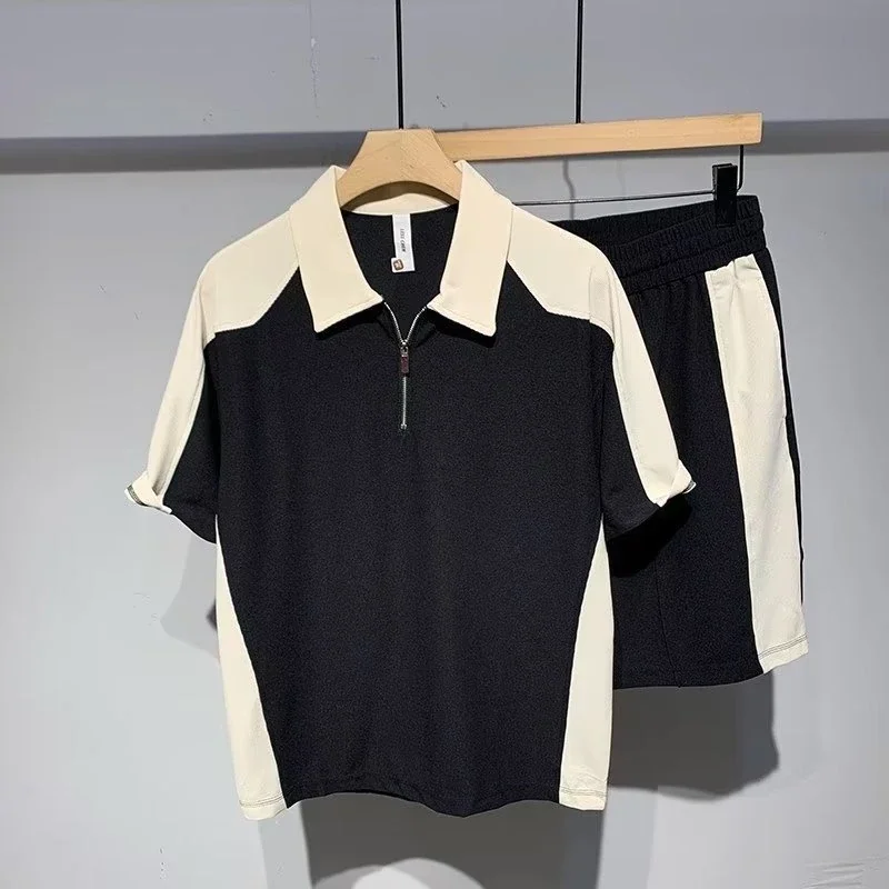 2026 Summer New Men Color Block POLO Two Piece Set, Loose Thin Outdoor Sports Casual Shorts Tracksuit