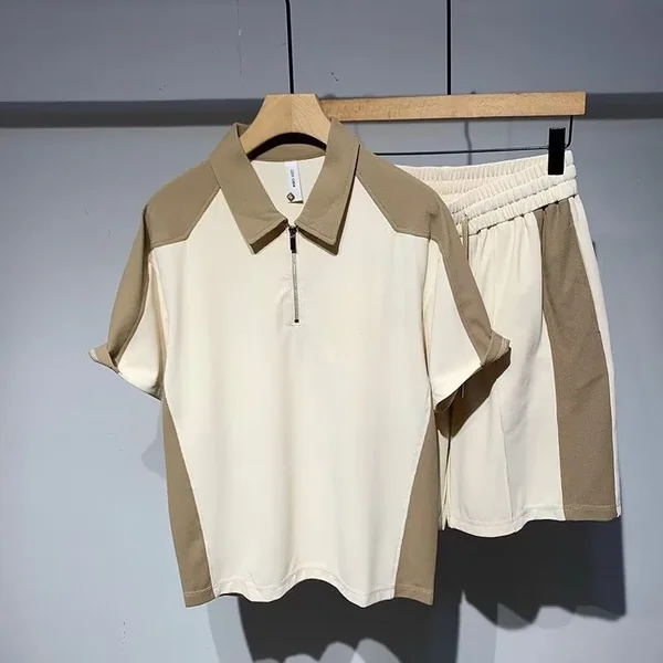 2026 Summer New Men Color Block POLO Two Piece Set, Loose Thin Outdoor Sports Casual Shorts Tracksuit