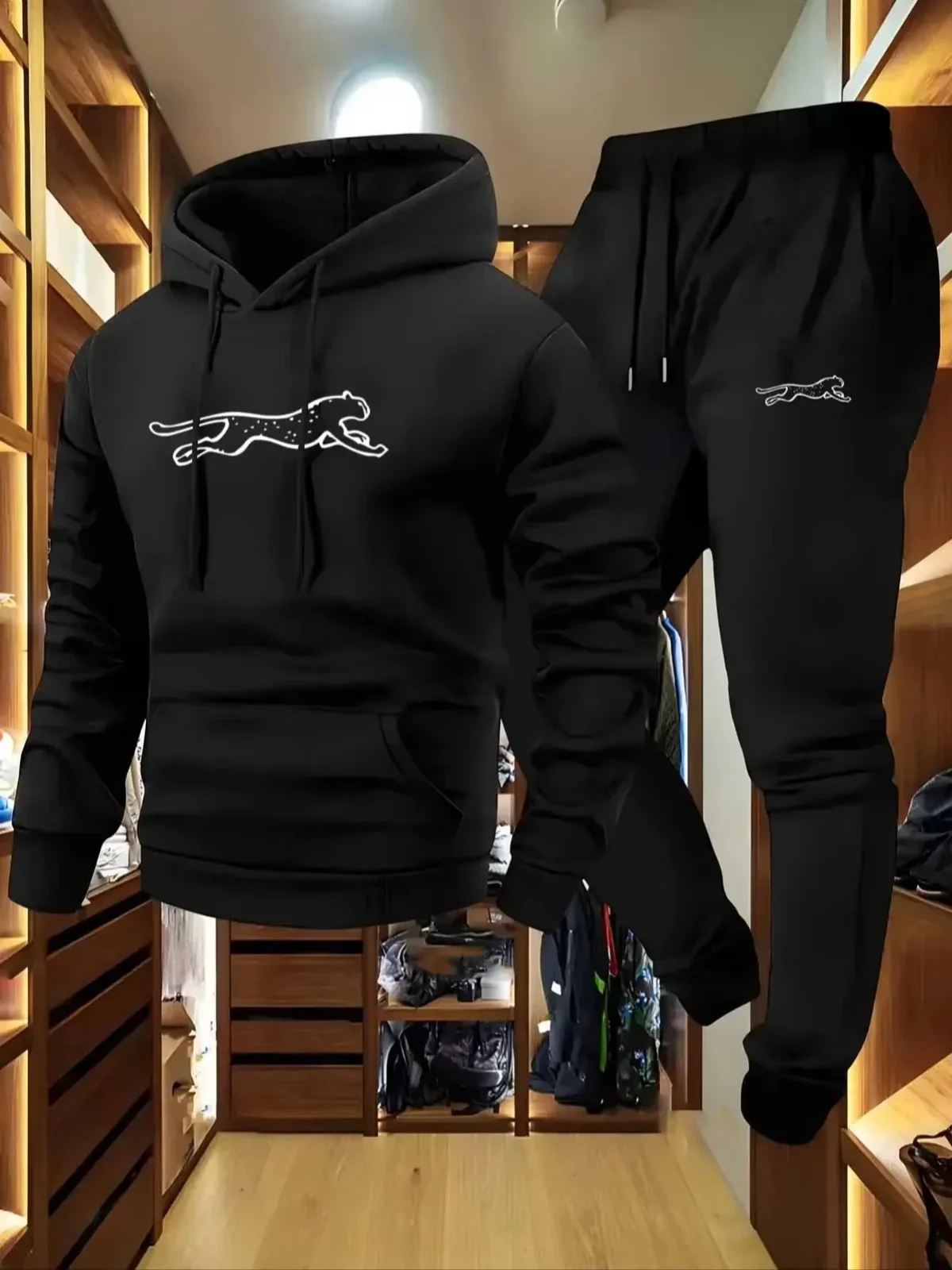 Men's Hooded Sweatshirt and Sweatpants Set Casual Long-Sleeved Leopard Print Hooded Style Pocket Comfortable Streetwear Style
