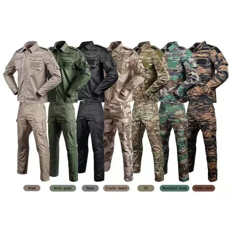 Men's Outdoor Tactical Training Suit Long Sleeve Camouflage Workwear Multi Pocket Durable Cotton Blend for All Seasons
