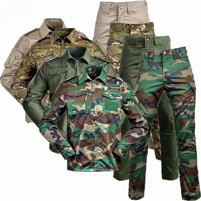 Men's Outdoor Tactical Training Suit Long Sleeve Camouflage Workwear Multi Pocket Durable Cotton Blend for All Seasons
