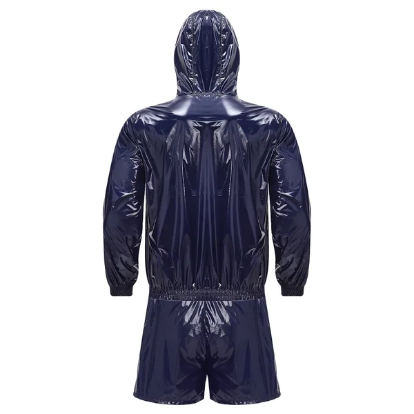 Mens Waterproof Sauna Outfit Glossy Sweat Suit Hooded Tracksuit Fitness Training Hooded Jacket with Jogging Boxer Shorts Outfits