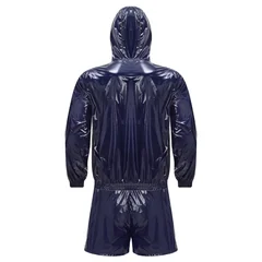 Mens Waterproof Sauna Outfit Glossy Sweat Suit Hooded Tracksuit Fitness Training Hooded Jacket with Jogging Boxer Shorts Outfits