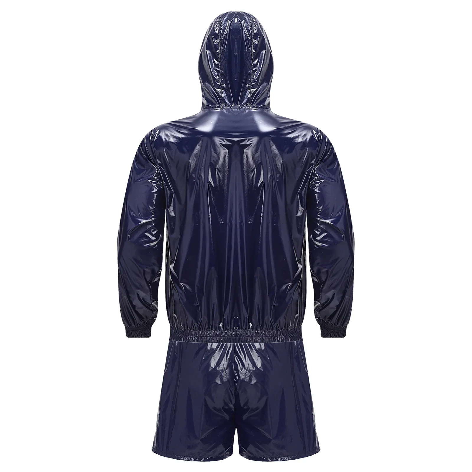 Mens Waterproof Sauna Outfit Glossy Sweat Suit Hooded Tracksuit Fitness Training Hooded Jacket with Jogging Boxer Shorts Outfits
