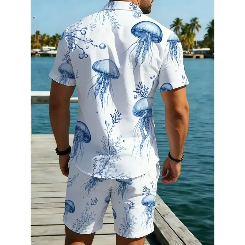 Men's Jellyfish Printed White Blue Polyester Short Sleeve Shirt Shorts Set Lightweight Breathable Beach Holiday Casual Wear