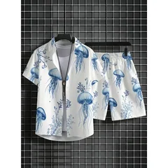 Men's Jellyfish Printed White Blue Polyester Short Sleeve Shirt Shorts Set Lightweight Breathable Beach Holiday Casual Wear