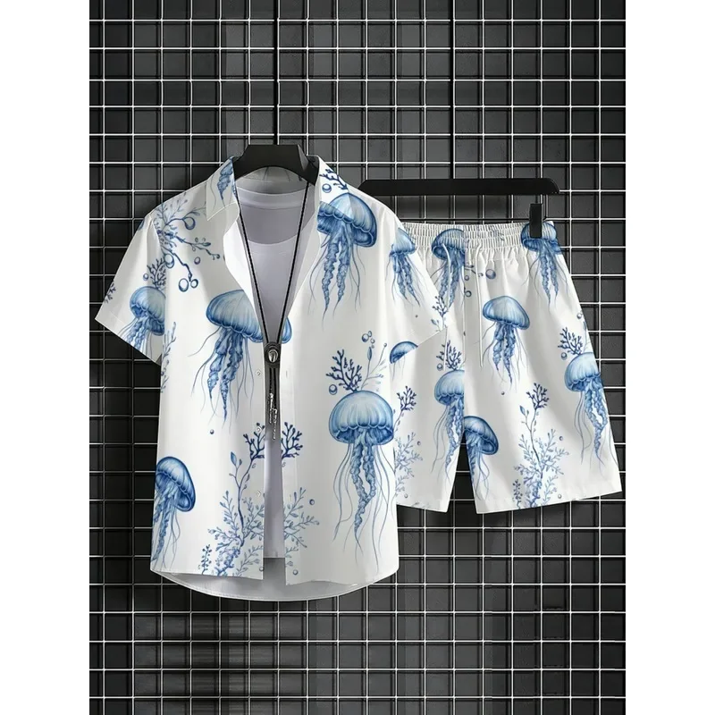 Men's Jellyfish Printed White Blue Polyester Short Sleeve Shirt Shorts Set Lightweight Breathable Beach Holiday Casual Wear