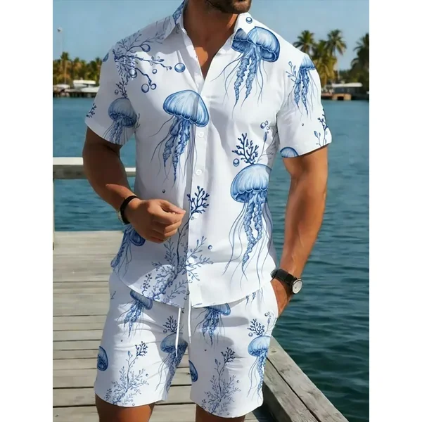 Men's Jellyfish Printed White Blue Polyester Short Sleeve Shirt Shorts Set Lightweight Breathable Beach Holiday Casual Wear