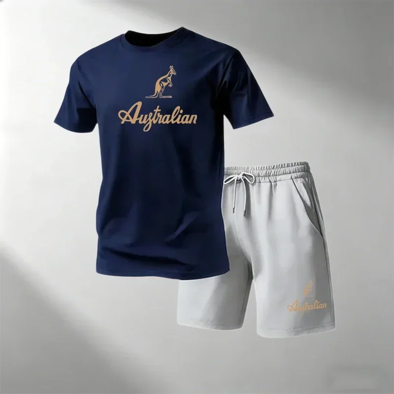 Men's Fitness T-Shirts Sets Breathable Quick Dry Short Sleeve + Sports Shorts Summer Casual Round Neck Suit Hot Sale Street