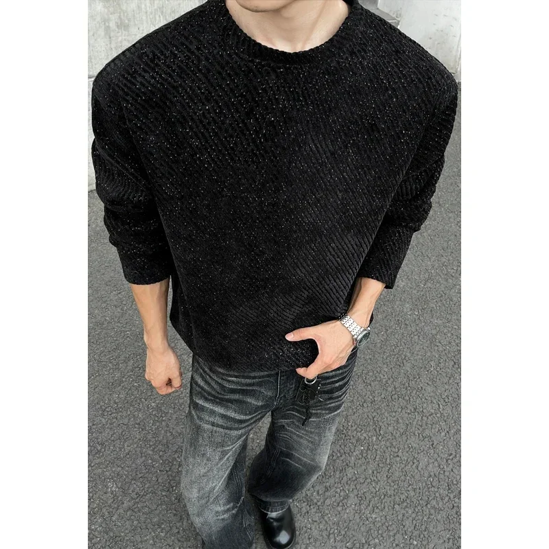 Men Crew Neck Long Sleeve Sweatshirt Diagonal Stripe Jacquard Fabric Loose Oversized Fit For Autumn Street Daily Outfit