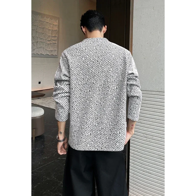 Men Crew Neck Long Sleeve Sweatshirt Diagonal Stripe Jacquard Fabric Loose Oversized Fit For Autumn Street Daily Outfit