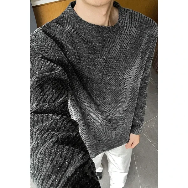 Men Crew Neck Long Sleeve Sweatshirt Diagonal Stripe Jacquard Fabric Loose Oversized Fit For Autumn Street Daily Outfit
