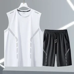 Men's Ice Silk Mesh 2-Piece Sleeveless T-Shirt and Shorts Casual Summer Set