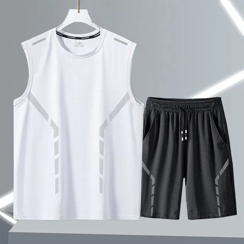 Men's Ice Silk Mesh 2-Piece Sleeveless T-Shirt and Shorts Casual Summer Set