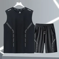 Men's Ice Silk Mesh 2-Piece Sleeveless T-Shirt and Shorts Casual Summer Set