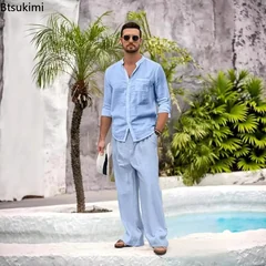 New Men's Casual Cotton Linen 2PCS Sets Stand Collar Shirt Modern Pocket Linen Pants 2-Piece Outfits Spring Casual Loose Fit Set