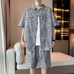 Men's Set Half Sleeve Shirt+ 5 Points Shorts Casual Youth Streetwear Drawstring Shorts Cardigan Sports Beach Hawaii Men Clothing