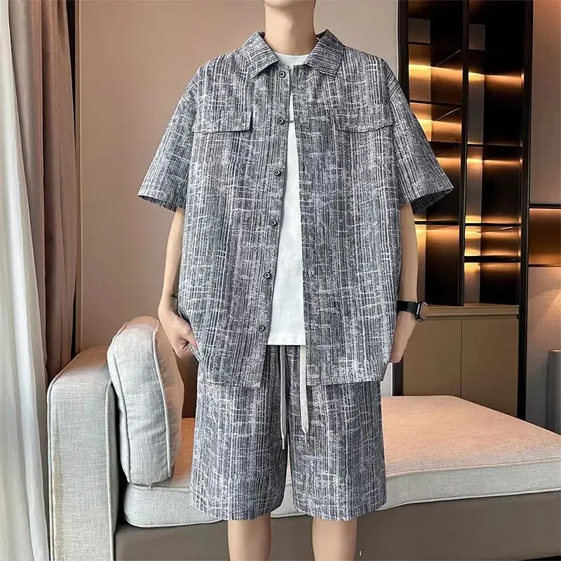 Men's Set Half Sleeve Shirt+ 5 Points Shorts Casual Youth Streetwear Drawstring Shorts Cardigan Sports Beach Hawaii Men Clothing