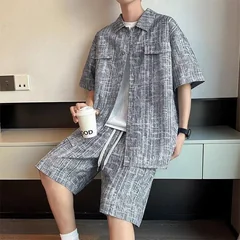 Men's Set Half Sleeve Shirt+ 5 Points Shorts Casual Youth Streetwear Drawstring Shorts Cardigan Sports Beach Hawaii Men Clothing