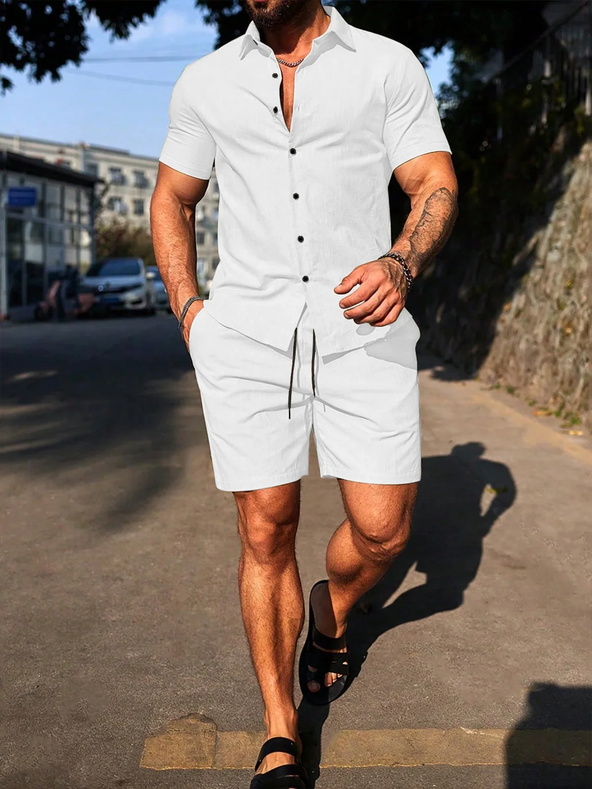 Men's casual suit linen, comfortable and simple solid color are suitabl woven elastic lapel short sleeves and trousers with soft