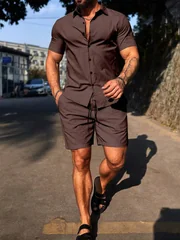 Men's casual suit linen, comfortable and simple solid color are suitabl woven elastic lapel short sleeves and trousers with soft