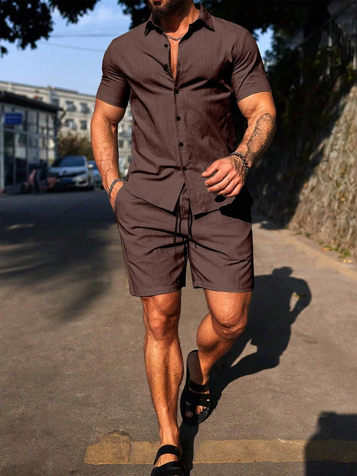 Men's casual suit linen, comfortable and simple solid color are suitabl woven elastic lapel short sleeves and trousers with soft