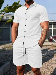 Men's casual suit linen, comfortable and simple solid color are suitabl woven elastic lapel short sleeves and trousers with soft