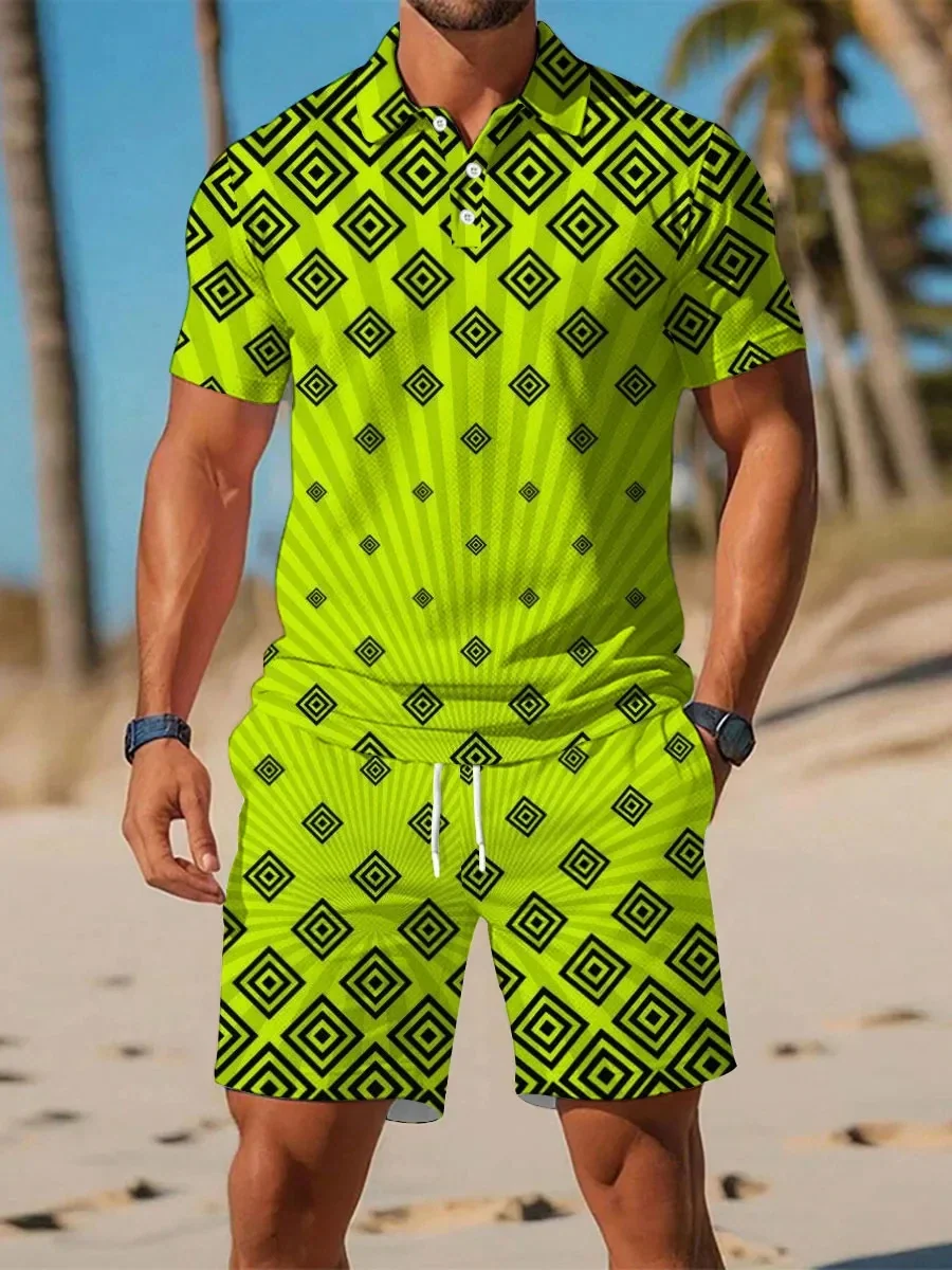 New Men's Summer Sports Set Men's Set Retro 3D-Printed Casual Short-Sleeve T-Shirt Collared Button-Down Polo Shirt Men's Apparel