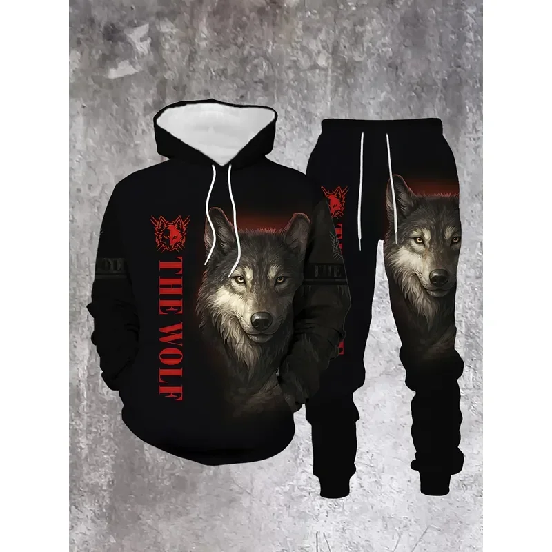 Men's Fashion Sweater Set Wolf Pattern Design 3D Printed Casual Sports Set 2-piece Machine Washable