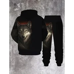 Men's Fashion Sweater Set Wolf Pattern Design 3D Printed Casual Sports Set 2-piece Machine Washable
