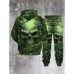 Dark Fluorescent Green Skull Hoodie 2 Piece Set Men Autumn Winter New Outdoor Streetwear Casual Sweatshirt Pants Tracksuit