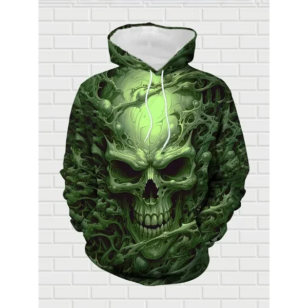 Dark Fluorescent Green Skull Hoodie 2 Piece Set Men Autumn Winter New Outdoor Streetwear Casual Sweatshirt Pants Tracksuit