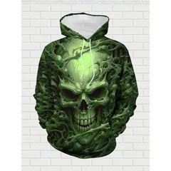 Dark Fluorescent Green Skull Hoodie 2 Piece Set Men Autumn Winter New Outdoor Streetwear Casual Sweatshirt Pants Tracksuit