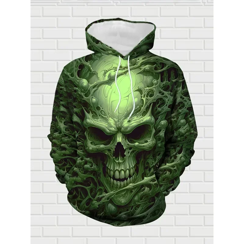 Dark Fluorescent Green Skull Hoodie 2 Piece Set Men Autumn Winter New Outdoor Streetwear Casual Sweatshirt Pants Tracksuit