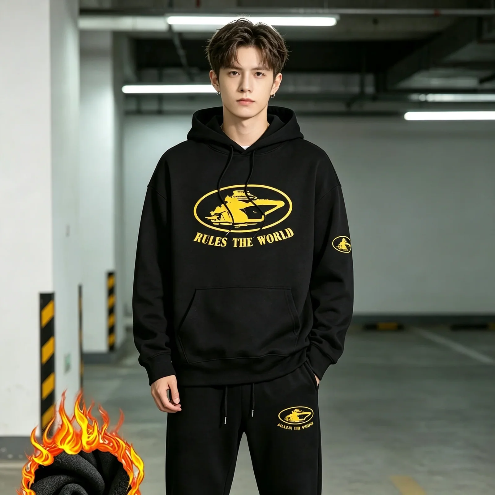 2026 Men's Trendy Multi-Print Thickened Hoodie & Sweatpants Set, Comfortable Warm Casual Tracksuit