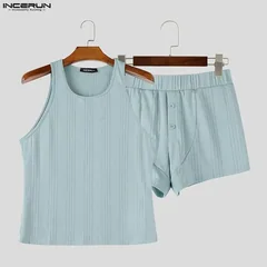 INCERUN Men's Sets Solid Color Summer O-neck Sleeveless Tank Tops Shorts Two Piece Sets 2026 Homewear Casual Men Matching Sets