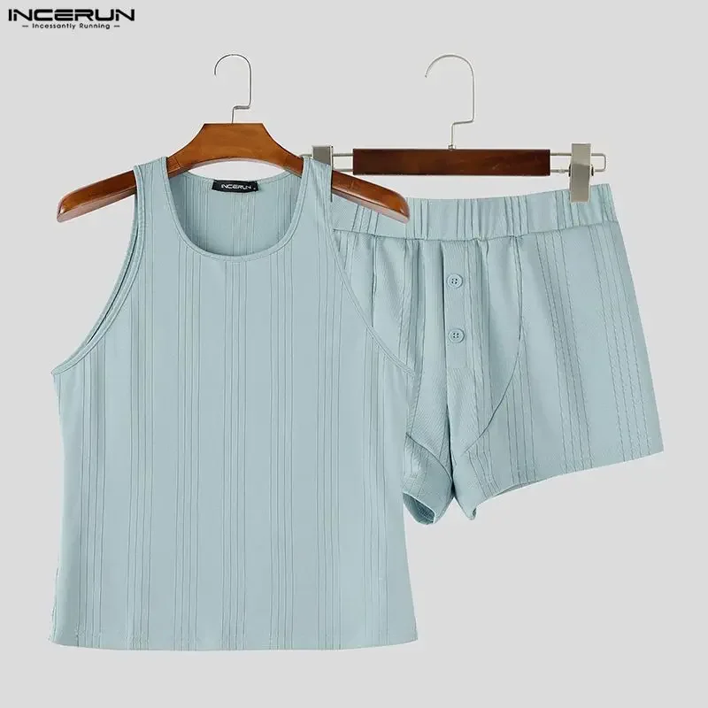 INCERUN Men's Sets Solid Color Summer O-neck Sleeveless Tank Tops Shorts Two Piece Sets 2026 Homewear Casual Men Matching Sets